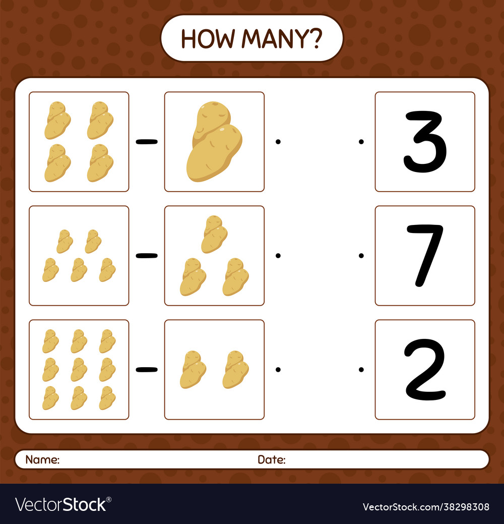 How many counting game with potato worksheet vector image How many counting game with potato worksheet