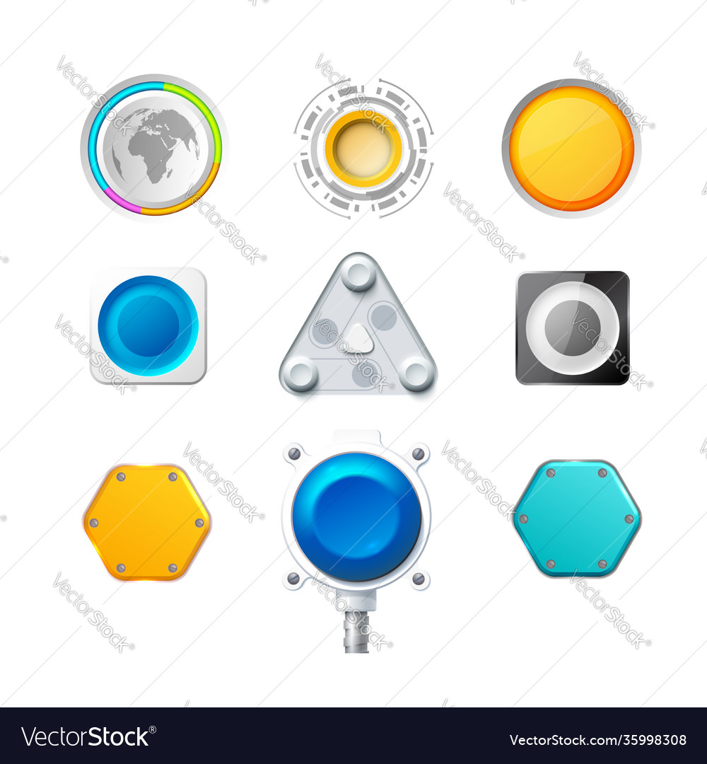 Set nine colorful realistic buttons vector image Set nine colorful realistic buttons