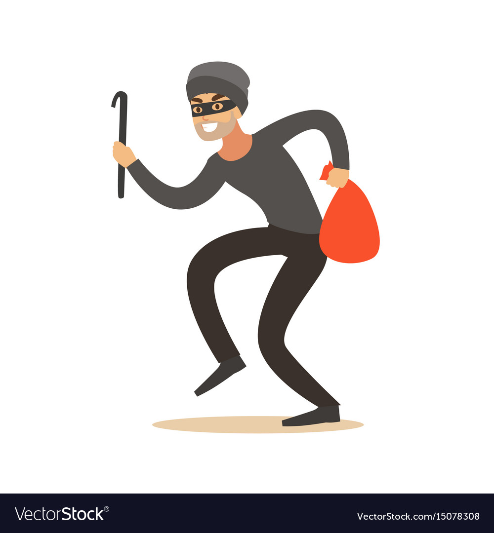 Thief in a mask sneaking with a crowbar and a sack