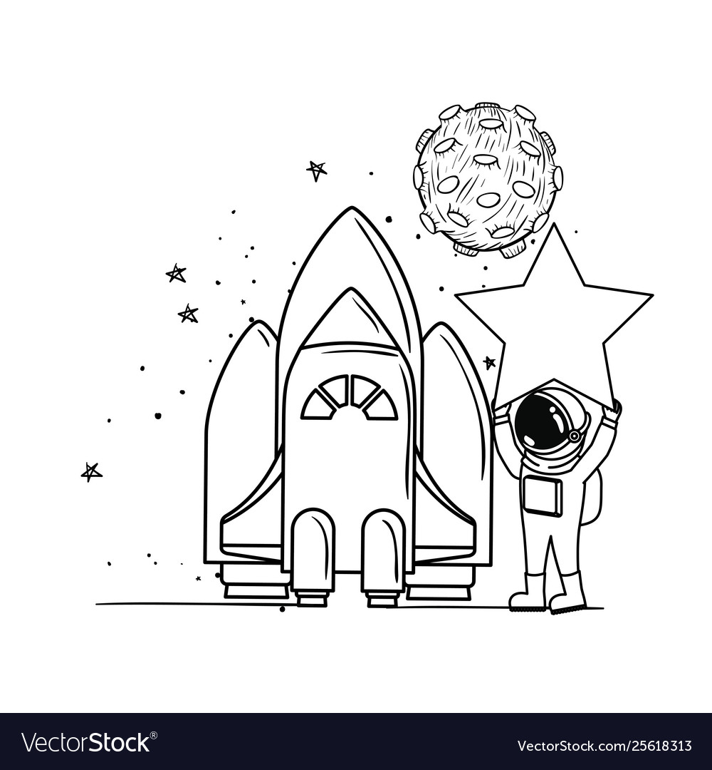 Astronaut with spacesuit and rocket in white