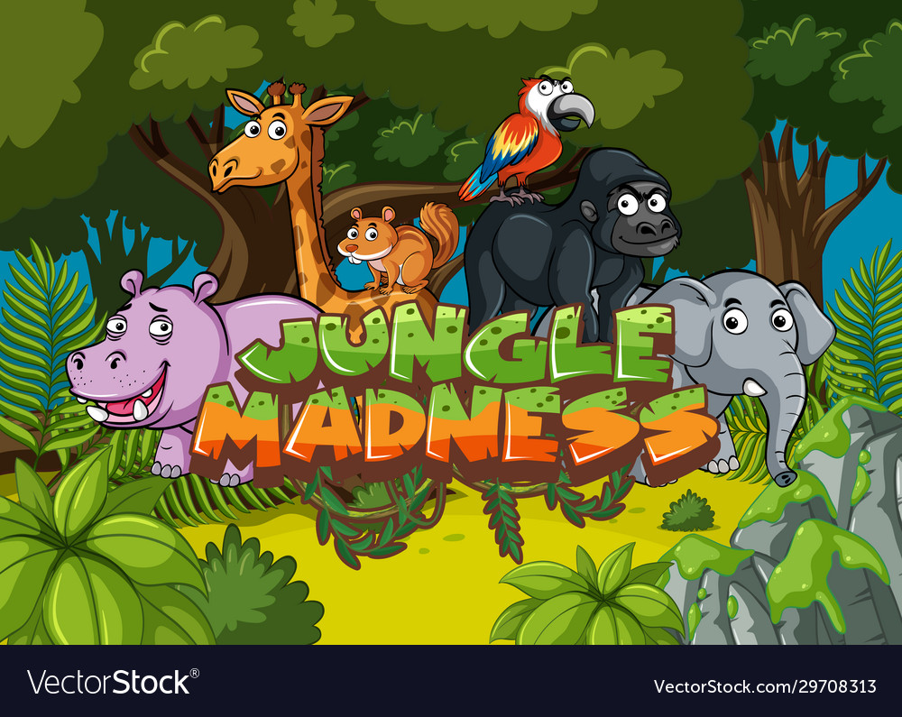 Forest scene with word jungle madness wild