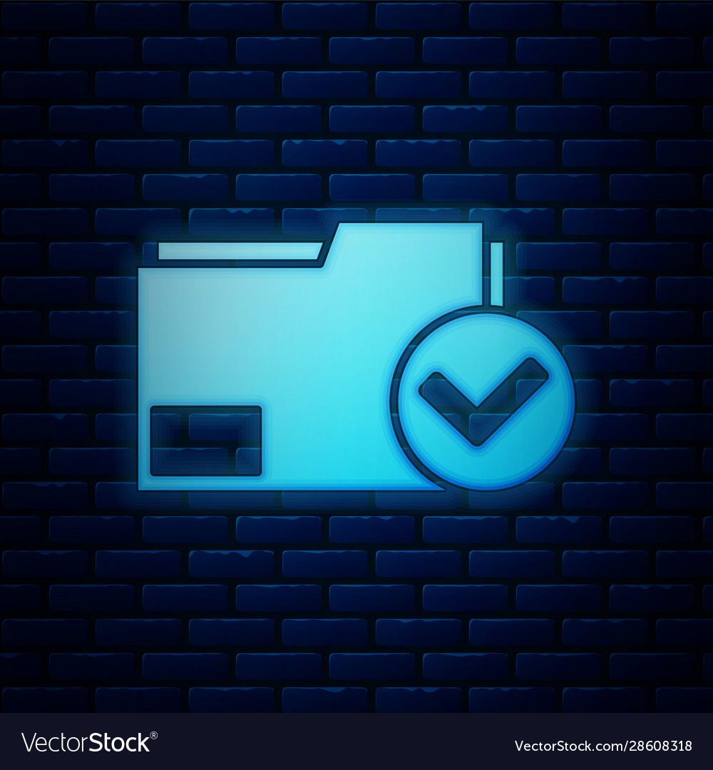 Glowing neon document folder and check mark icon