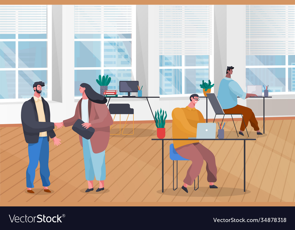 Team works in office making deal employees Vector Image