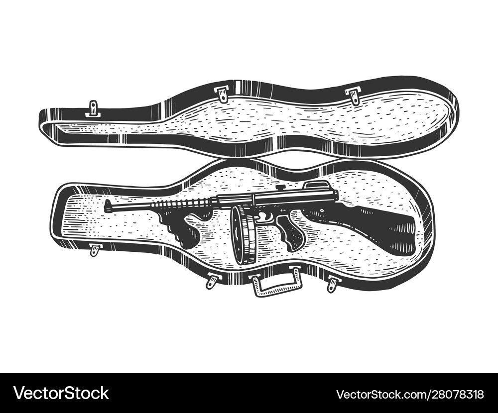 Thompson gun violin case sketch engraving Vector Image