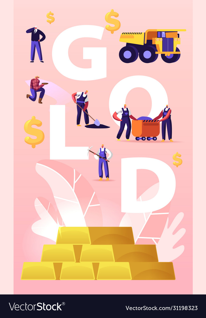 Gold mining concept tiny miner characters working Vector Image Gold mining concept tiny miner characters working