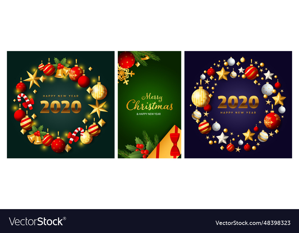 New year and christmas posters set with wreathes