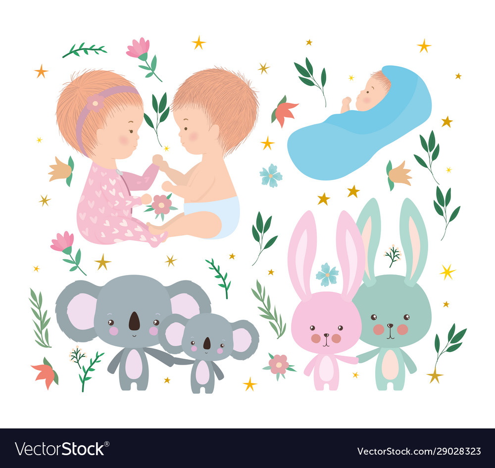 Set cute babies koalas and rabbits