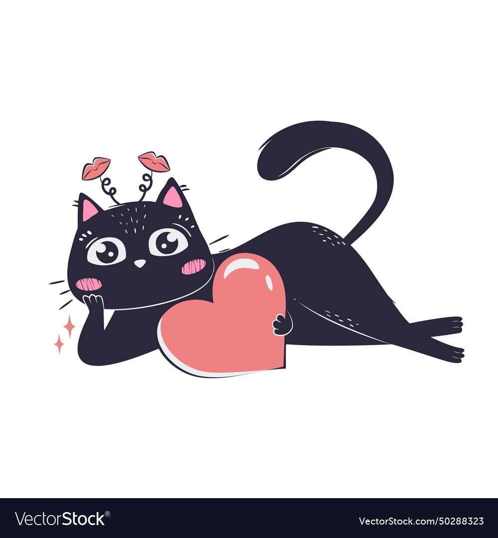 Simple cartoon flat cat in love lies on its side