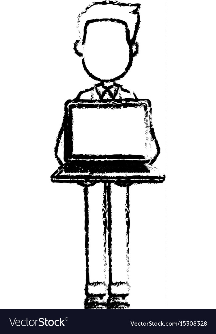 Cartoon man standing holding laptop front view