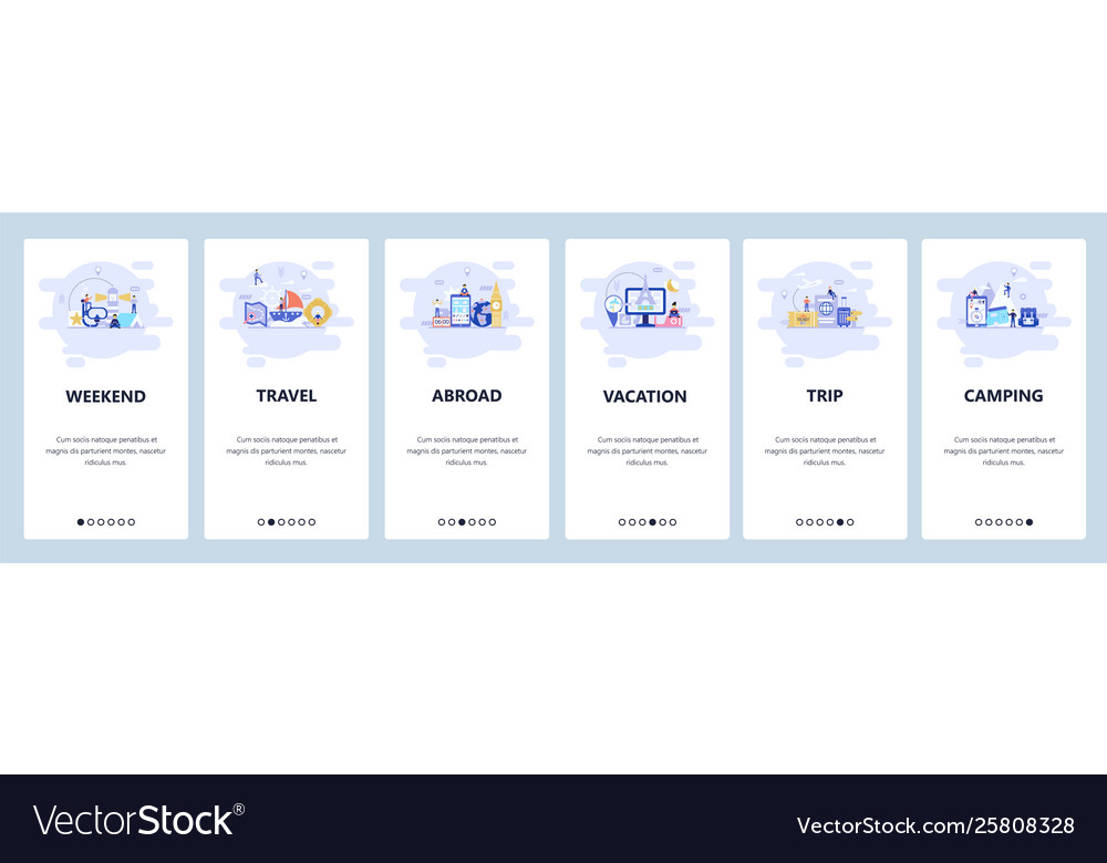 Mobile app onboarding screens vacation travel
