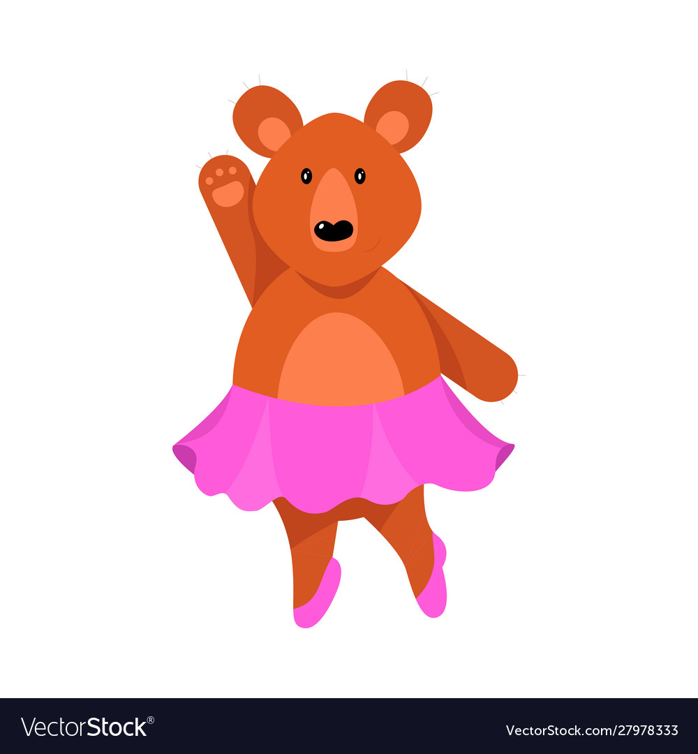 A humanized cute bear girl in pink skirt stands