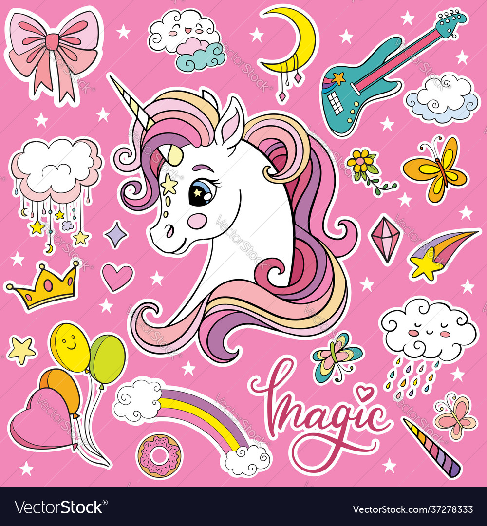 Set cute unicorn in profile and magical Royalty Free Vector