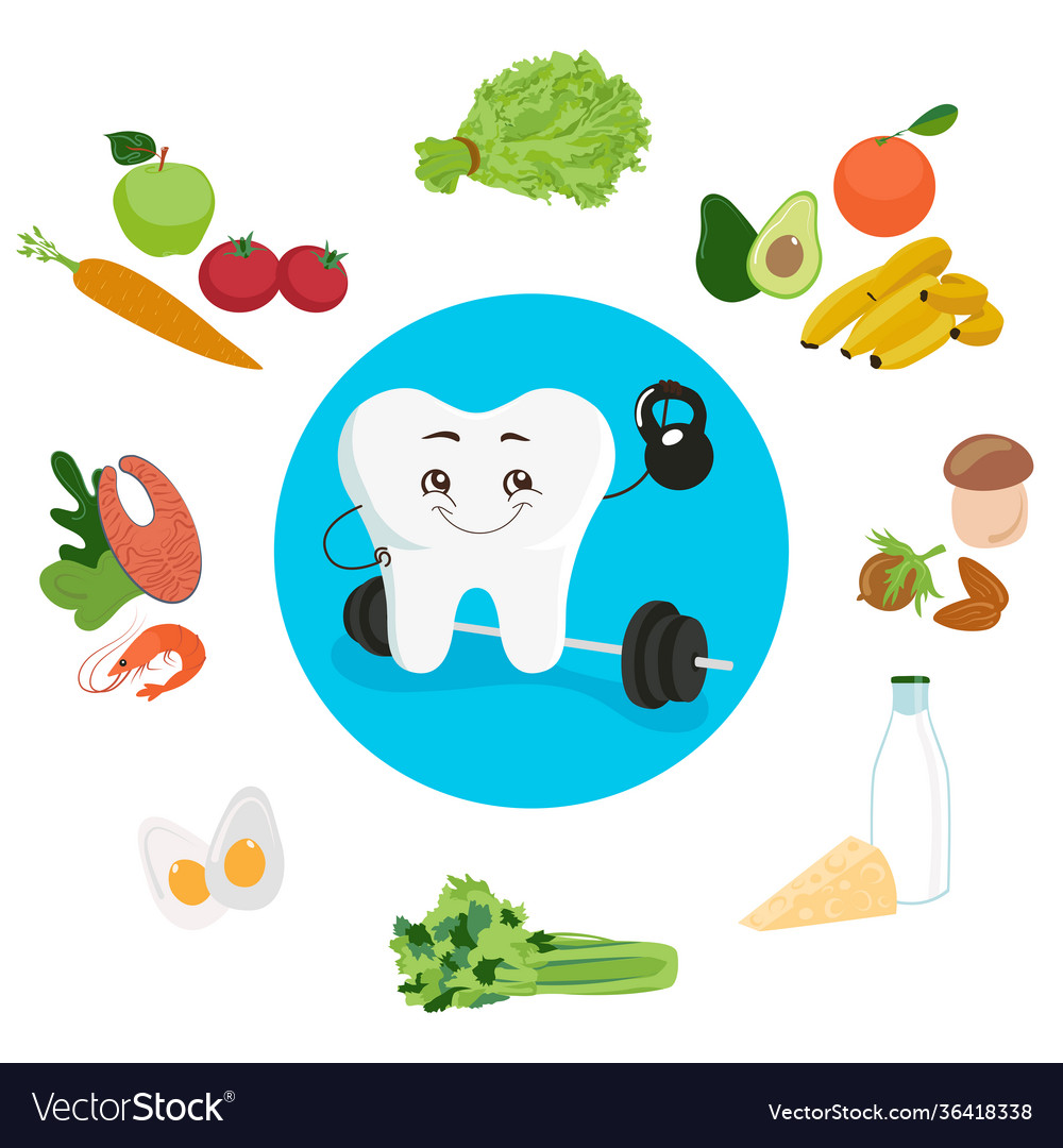 A cute tooth is surrounded wholesome food