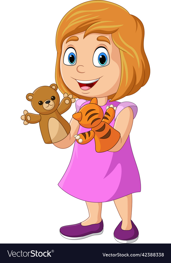 Cartoon little girl playing animals puppet