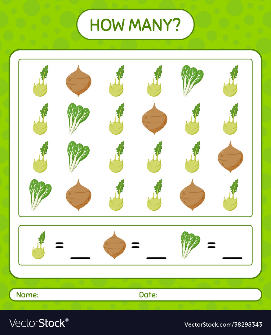 How many counting game with vegetables worksheet vector image How many counting game with vegetables worksheet