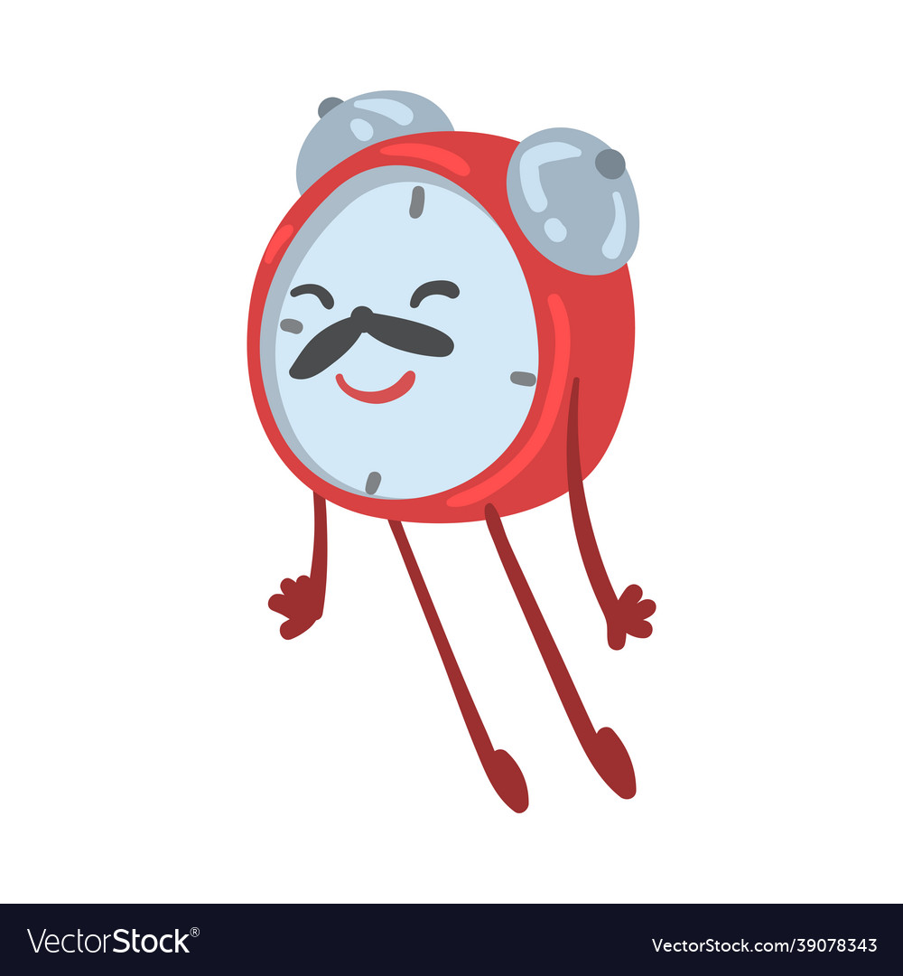 Red smiling alarm clock character jumping vector image Red smiling alarm clock character jumping