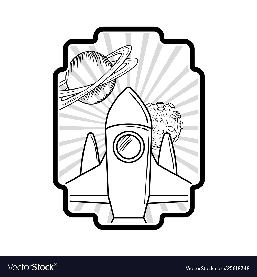 Frame with rocket taking off and planets