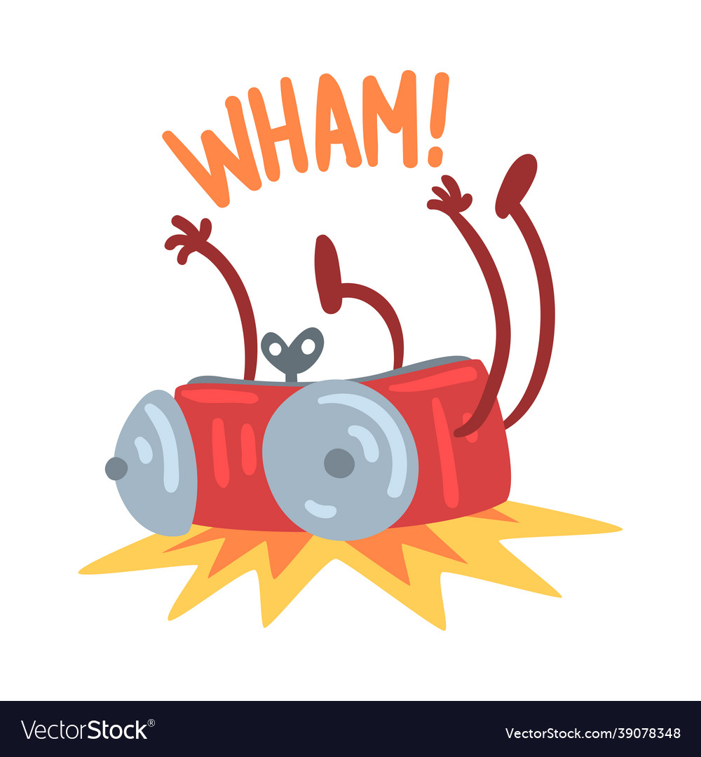 Red alarm clock character falling down with wham vector image Red alarm clock character falling down with wham