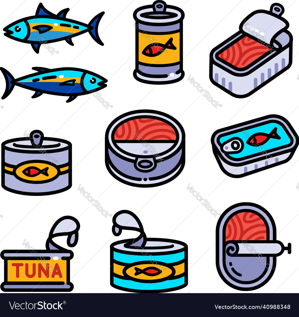 Tuna tin can color icons collection in simple Vector Image