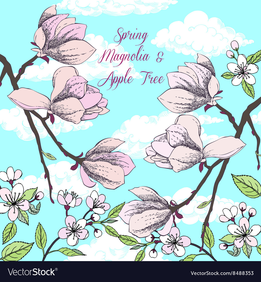 Background with magnolia and apple tree