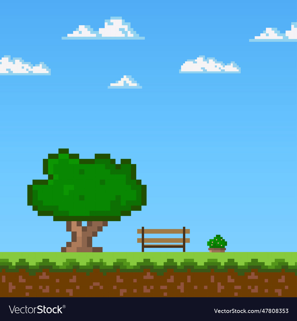 Pixel Art Game Background Trees Grass Ground Vector Image