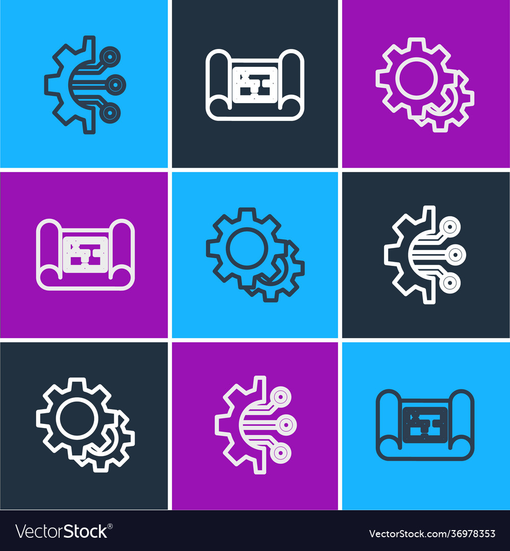 Set line algorithm gear and house plan icon vector image Set line algorithm gear and house plan icon