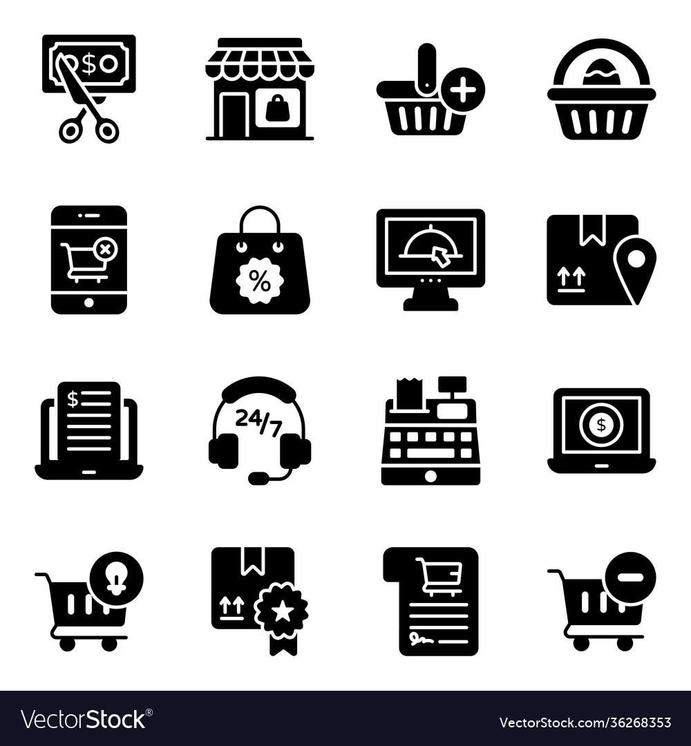 Shopping and customer services solid icons set