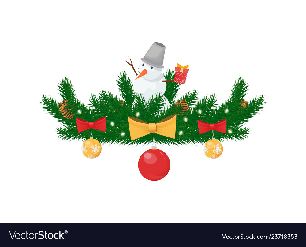 Snowman with bucket on head spruce branches