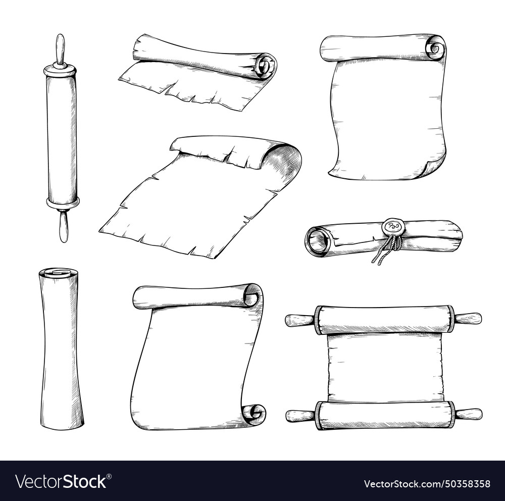 Ancient books parchment scroll sketch drawing Vector Image