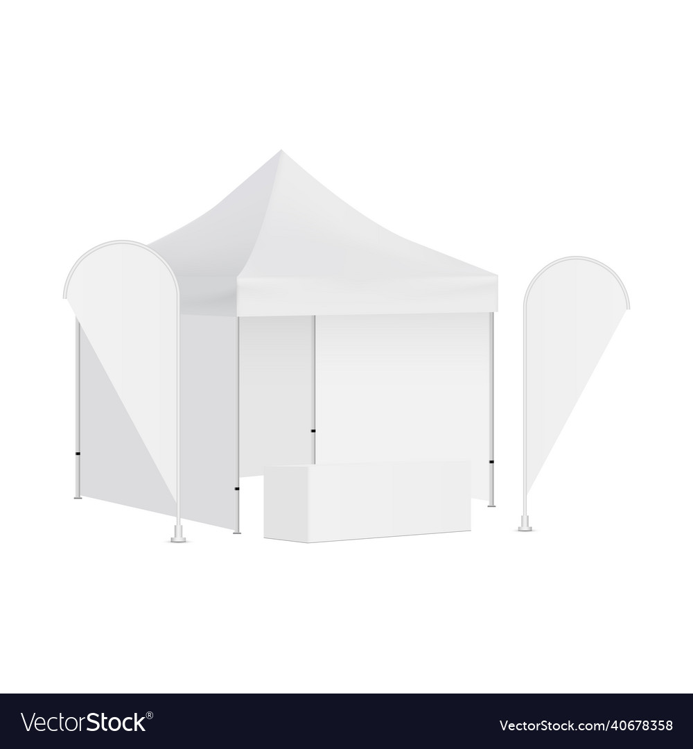 Square tent with rounded flags and table