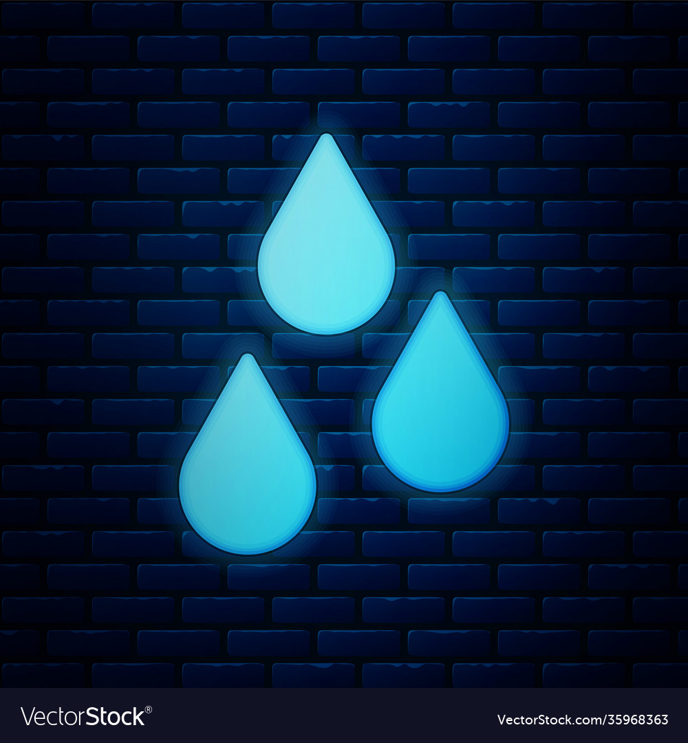 Glowing neon water drop icon isolated on brick