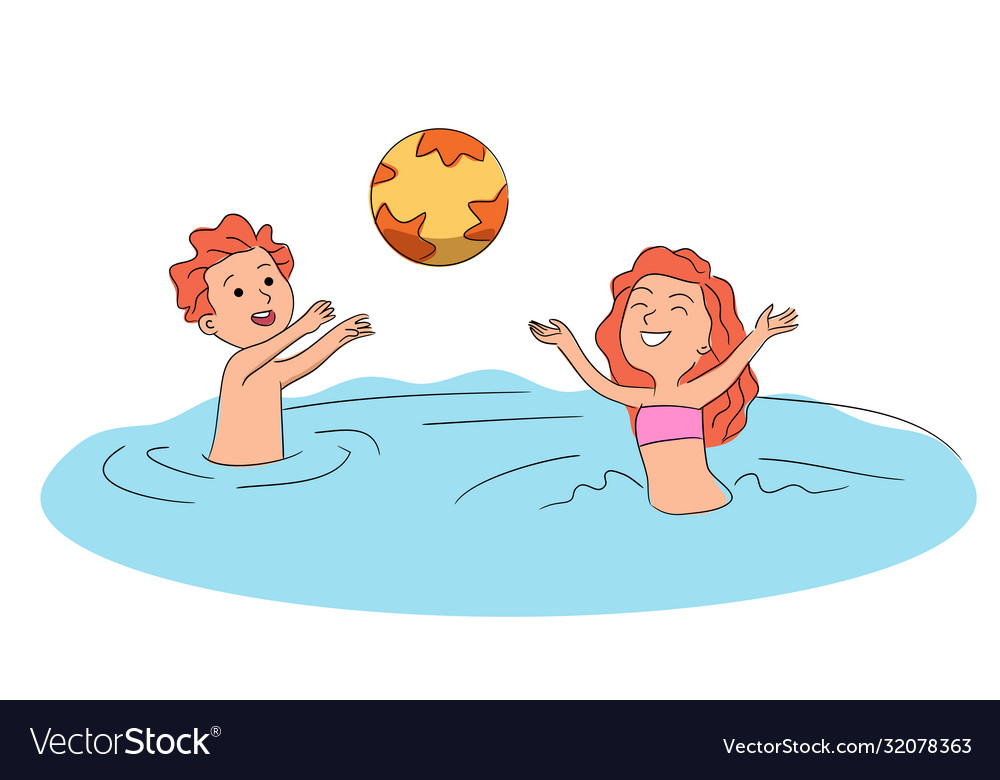 Smiling boy and girl playing ball in swimming pool