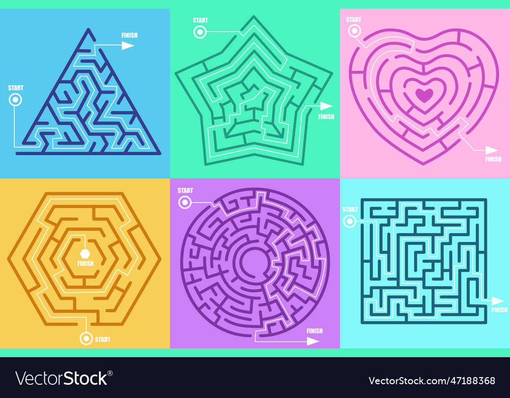 Maze games in form of different figures Royalty Free Vector