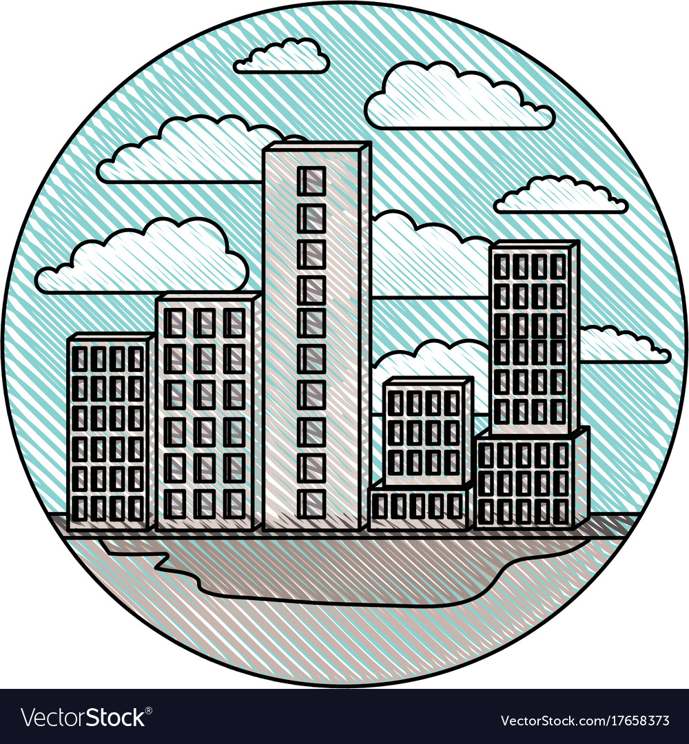 Building set big city in circular frame with cloud