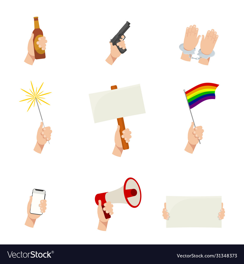 Hands with objects flat set vector image Hands with objects flat set