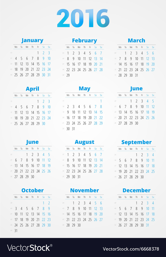 Calendar For 2016 Year Design Print Template Week Vector Image