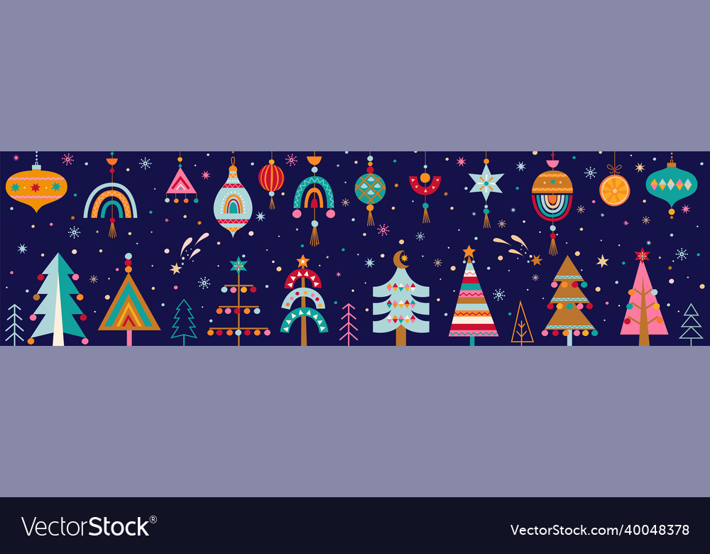 Christmas horizontal bannerhand drawn treesballs vector image Christmas horizontal bannerhand drawn treesballs