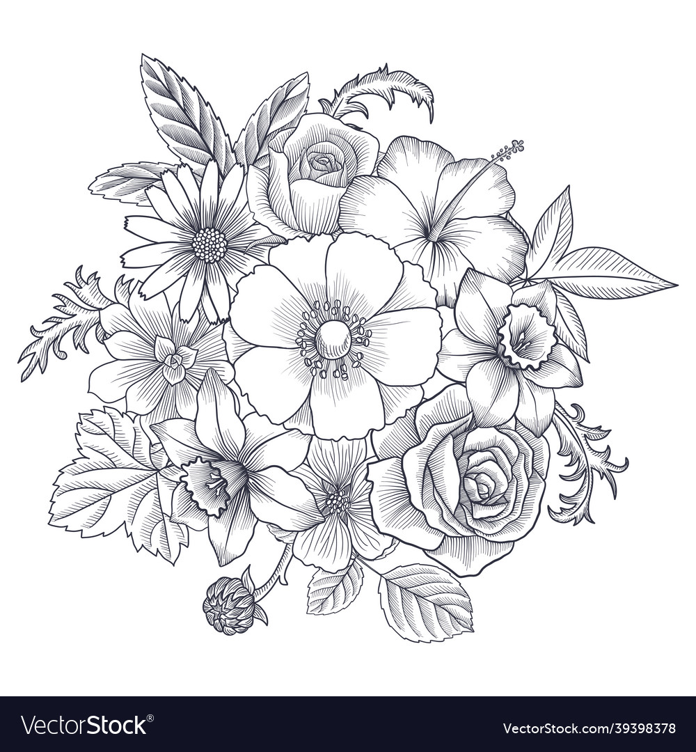 Drawing vintage composition with flowers Vector Image