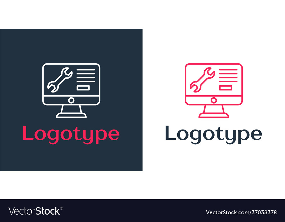 Logotype line computer monitor with wrench icon vector image Logotype line computer monitor with wrench icon