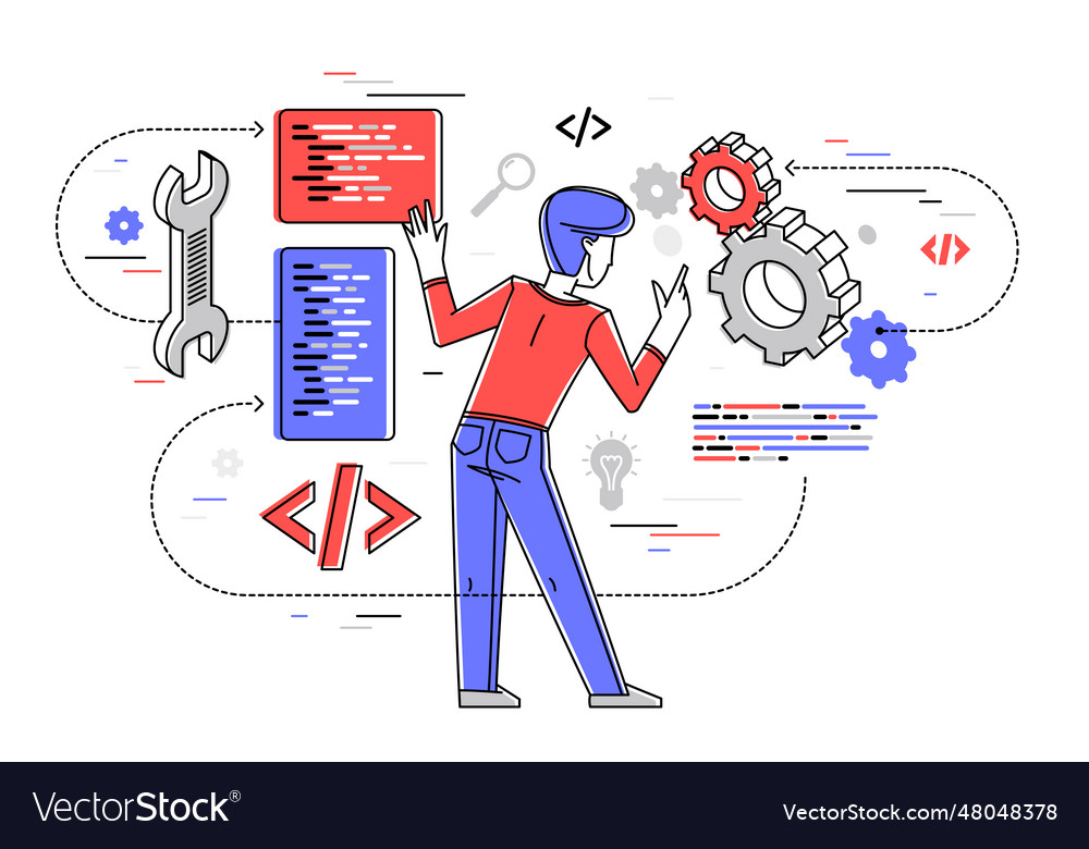 Programmer is coding and repairing some machine vector image Programmer is coding and repairing some machine