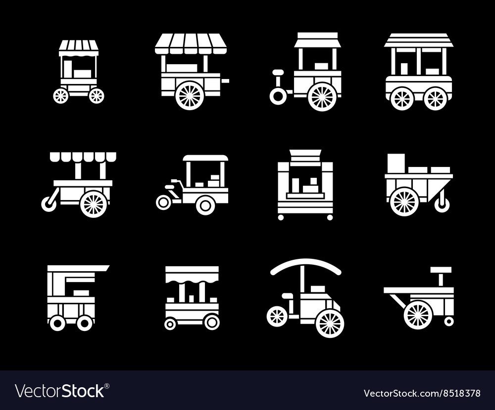 White glyph style trade trolleys icons set