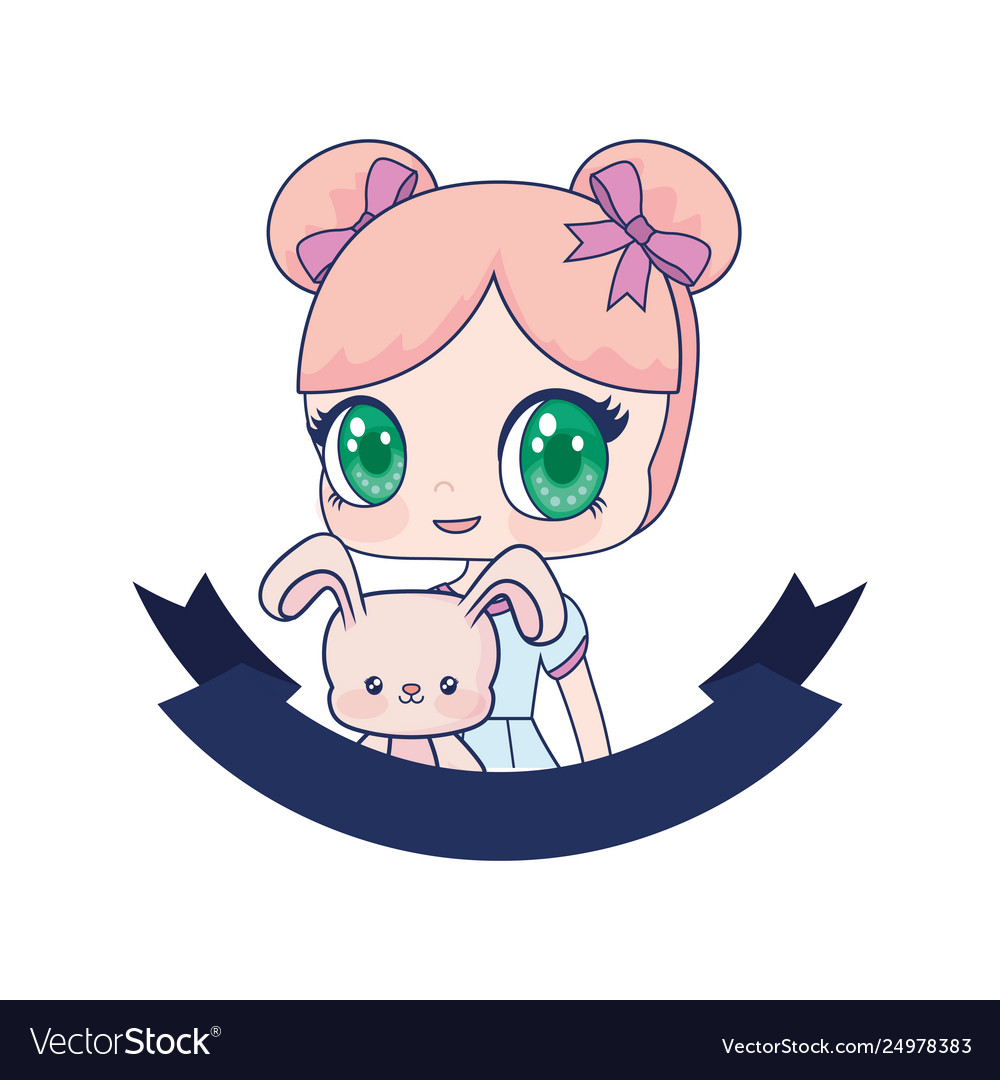 Cute anime girl with rabbit toy animal ribbon Vector Image Cute anime girl with rabbit toy animal ribbon Vector Image