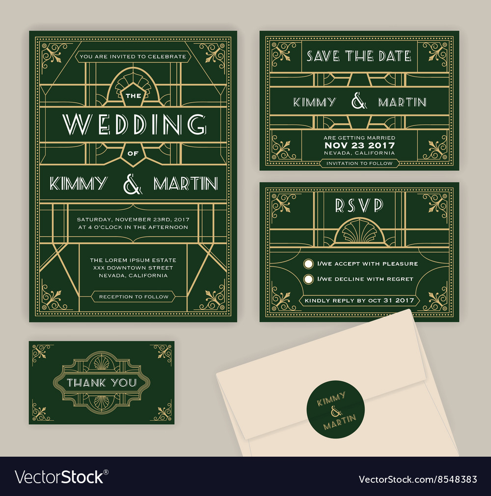 Emerald green art deco wedding invitation template