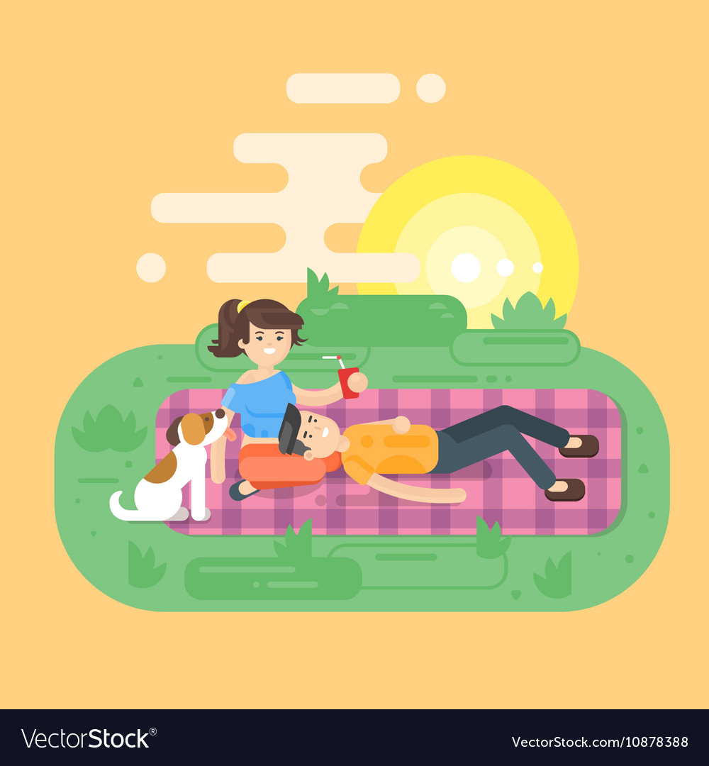 Flat style of young happy couple having picnic