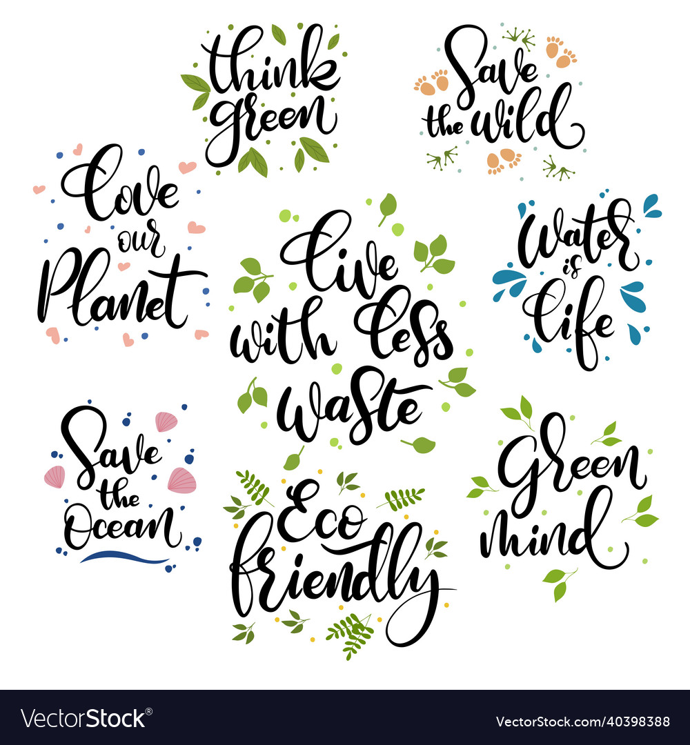 Set of handdrawn lettering phrases about ecology Vector Image