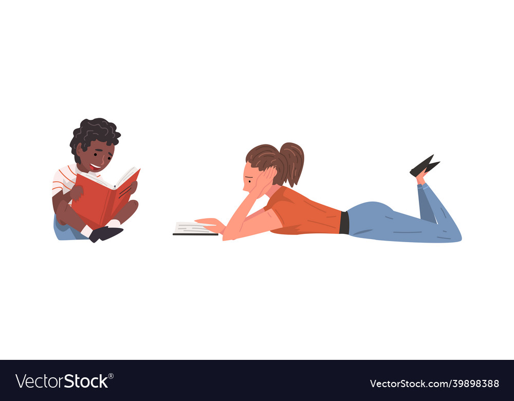 Young boy and woman sitting lying reading book