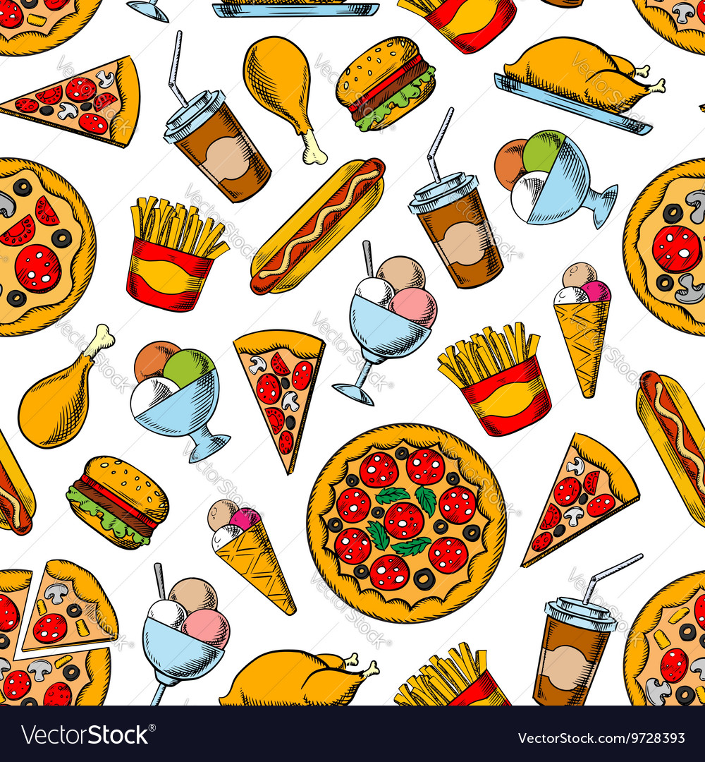 Retro seamless pattern of fast food dishes Vector Image