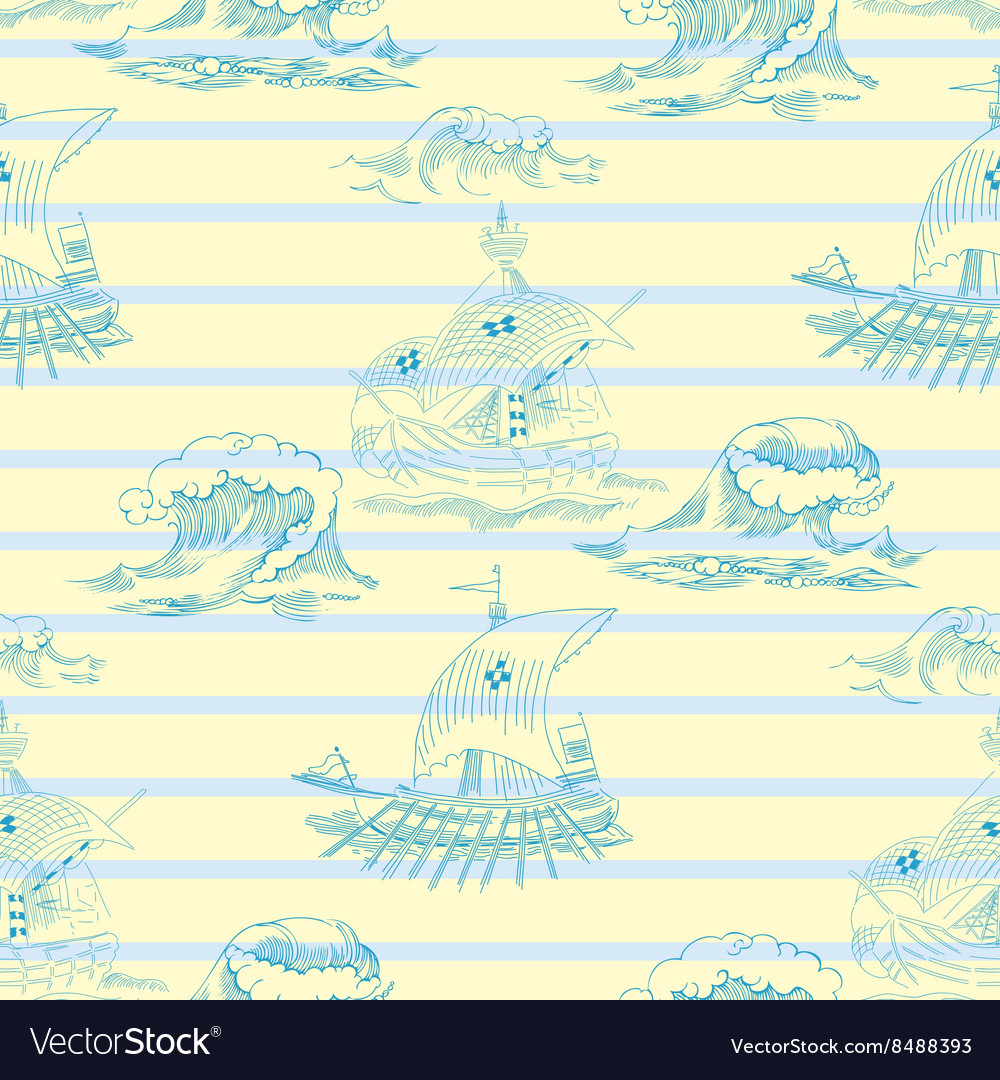 Seamless pattern with waves and ships