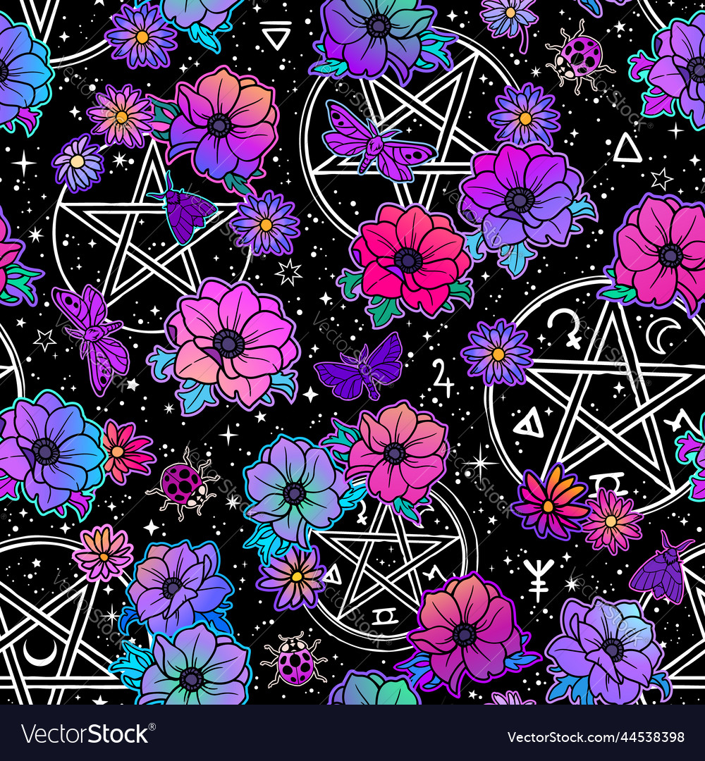 Seamless pattern of magical symbols and flowers vector image Seamless pattern of magical symbols and flowers