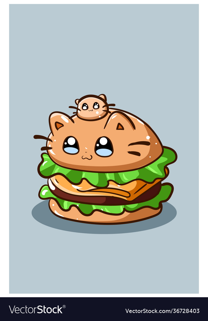 A sweet and cute hamburger with cat cartoon